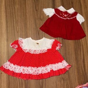 Lot of 2 Vintage Christmas Baby Dresses Red with Lace & Embroidery